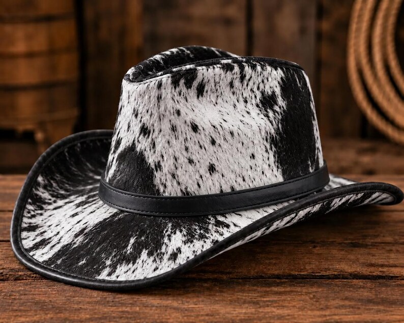 Op de afbeelding: Een cowboyhoed met een zwart-wit koeienhuidpatroon en een textuur die op bont lijkt. De hoed is voorzien van een gladde zwarte band rond de basis van de kroon en een bijpassende zwarte rand langs de brede rand van de hoed.