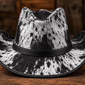 Op de afbeelding: Een cowboyhoed met een zwart-wit koeienprintpatroon en een textuurafwerking. De hoed heeft een ingedeukte kroon en een gebogen rand, geaccentueerd door een gladde, effen zwarte band rond de basis van de kroon. De randen zijn afgewerkt met een zwarte bies.