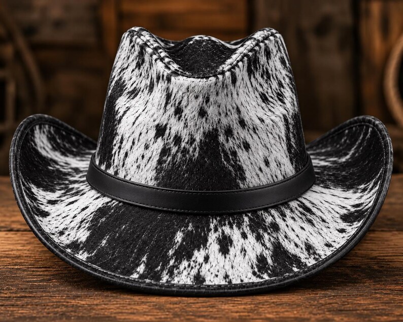 Op de afbeelding: Een cowboyhoed met een zwart-wit koeienprintpatroon en een textuurafwerking. De hoed heeft een ingedeukte kroon en een gebogen rand, geaccentueerd door een gladde, effen zwarte band rond de basis van de kroon. De randen zijn afgewerkt met een zwarte bies.