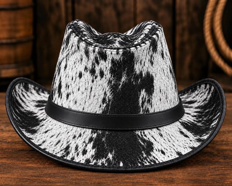 Op de afbeelding: Een cowboyhoed met een zwart-wit koeienprintpatroon over de kroon en de rand. De hoed is voorzien van een gladde zwarte band rond de basis van de kroon en een zwarte bies langs de rand van de gebogen hoedrand voor een duidelijk contrast.