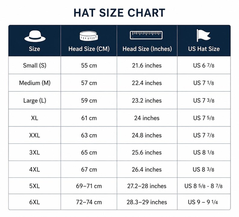 Op de afbeelding: Een donkerblauwe en witte maattabel voor hoeden met vier kolommen gelabeld als Size, Head Size (CM), Head Size (Inches) en US Hat Size. De tabel toont maten van Small (S) tot 6XL met bijbehorende metrische en imperiale afmetingen voor elk.