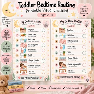 May include: A printable toddler bedtime routine visual checklist featuring two versions for ages 2-4. The charts include numbered steps with illustrations for tasks like tidying toys, bath time, brushing teeth, and reading books, with checkboxes for completion.