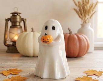 かぼちゃを持った陶器の幽霊、幽霊の置物、ハロウィンのホームデコレーション、不気味な装飾