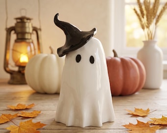 Fantasma in ceramica con cappello da strega, statuetta di fantasma, decorazione per la casa di Halloween, decorazione spettrale, regalo di Halloween