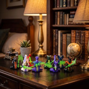 May include: A collection of seven plastic snake-like minifigures standing on a dark wooden desk. Each figure features a unique color scheme, including black, white, purple, green, and red, and holds a translucent neon green plastic weapon accessory.
