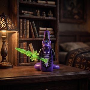 Peut inclure: Une figurine en plastique violette en forme de serpent avec des motifs noirs et jaunes sur le torse et la tête. Le personnage possède une tête haute et pointue et tient une épée vert néon translucide dans sa main, posée sur une surface.