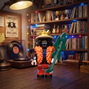 May include: A plastic minifigure of a skeleton character wearing a gold crown, a bright orange feathered boa, and red trousers with white flower patterns. The figure holds a green shark-shaped guitar and stands in front of a bookshelf and record player.