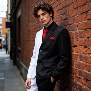 May include: A two-tone blazer featuring a split design with one side in solid black and the other in solid white. The garment includes a black shirt underneath, a bright red necktie, and a matching red pocket square tucked into the chest pocket.