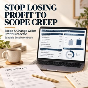 Può includere: Un computer portatile che mostra una cartella di lavoro Excel Scope & Change Order Profit Protector, un documento intitolato Project Scope, una penna dorata e una tazza di caffè. Lo schermo mostra dati di progetto, un grafico a barre e un grafico ad anello.