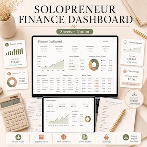 May include: A digital finance dashboard template for Sheets and Notion featuring charts, tables, and financial summaries. The display shows income, expense, and invoice trackers with data visualisations, alongside a calculator and paper documents.