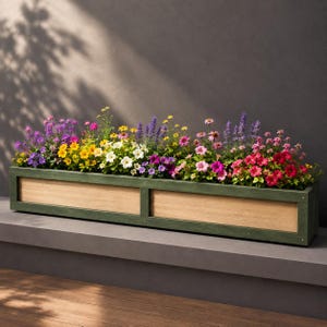 Puede incluir: Una jardinera rectangular de madera con marco verde oscuro y paneles de color marrón claro, llena de un vibrante arreglo de flores moradas, amarillas, blancas, rosas y rojas, incluyendo equináceas y lavanda, frente a una pared gris oscuro.