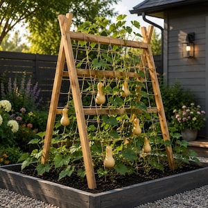 Puede incluir: Un enrejado de jardín de madera en forma de A con acabado natural, que presenta una red de cuerda gruesa. Varias calabazas butternut de color tostado claro crecen en las enredaderas, enraizadas en un lecho de tierra oscura.