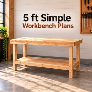 5 ft Simple Workbench Plans | DIY Woodworking Bench, 5 Foot Workshop Table PDF with Lower Shelf, Slatted Top & 2x2 Frame