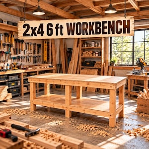 2×4 6 ft Workbench Plans | DIY Woodworking PDF, 6 Foot Workbench with Lower Shelf, 2×4 Lumber Frame, Cut List & Workshop Build Guide