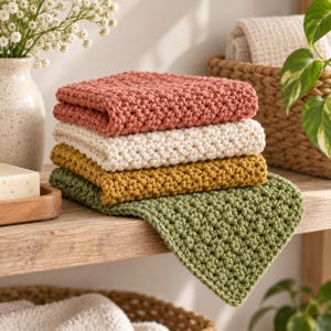 May include: A stack of four square crochet washcloths in muted earth tones, including terracotta, cream, mustard yellow, and sage green. Each washcloth features a dense, textured stitch pattern and is folded neatly in a vertical pile.