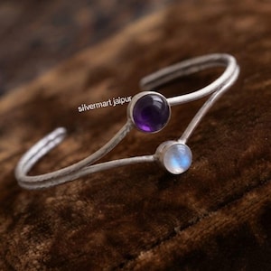 Handcrafted Amethyst Moonstone Open Cuff Bracelet, Sterling Silver Two Gemstone Bangle, Adjustable Bracelet, February June Birthstone Gift
