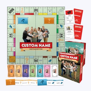 Könnte beinhalten: Ein personalisiertes Brettspiel-Set mit einem Spielbrett, das in der Mitte ein Familienfoto zeigt, einer Spielschachtel mit demselben Foto, Stapeln von buntem Spielgeld, Grundstückskarten und Hypothekenkarten mit dem Text Custom Name.