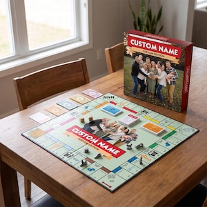 May include: A custom board game set featuring a square game board and a rectangular box. The box and board display the text CUSTOM NAME and CUSTOM EDITION alongside a photograph of a family. The board includes game pieces, dice, and cards.
