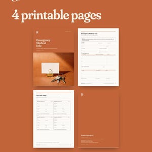 May include: Four printable pages with a rust-colored background. The pages feature the text "Emergency Medical Info," "Cut, fold, carry," and "GuideChirurgie.fr." One page shows a photo of a white card, a gold clip, and keys.