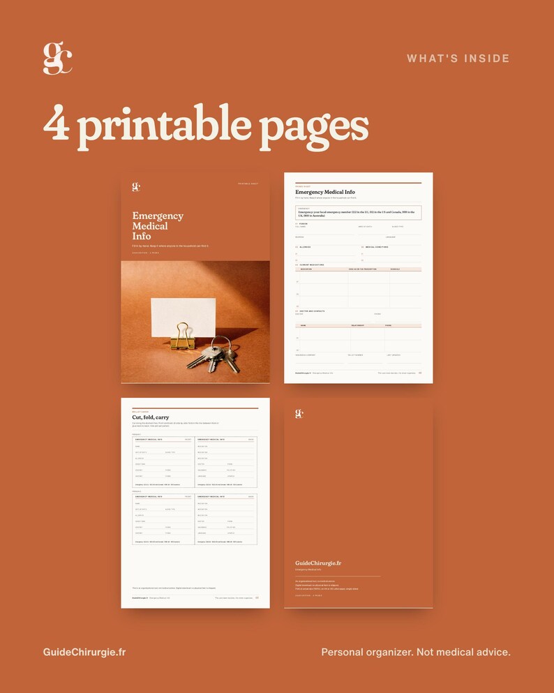 May include: Four printable pages with a rust-colored background. The pages feature the text "Emergency Medical Info," "Cut, fold, carry," and "GuideChirurgie.fr." One page shows a photo of a white card, a gold clip, and keys.