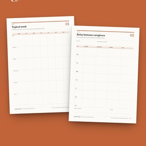 Puede incluir: Dos p&aacute;ginas de planificador de papel blanco con texto negro y dise&ntilde;os de cuadr&iacute;cula. La p&aacute;gina izquierda se titula Typical week 01 y la derecha Relay between caregivers 02. Ambas p&aacute;ginas cuentan con columnas para d&iacute;as y horarios.