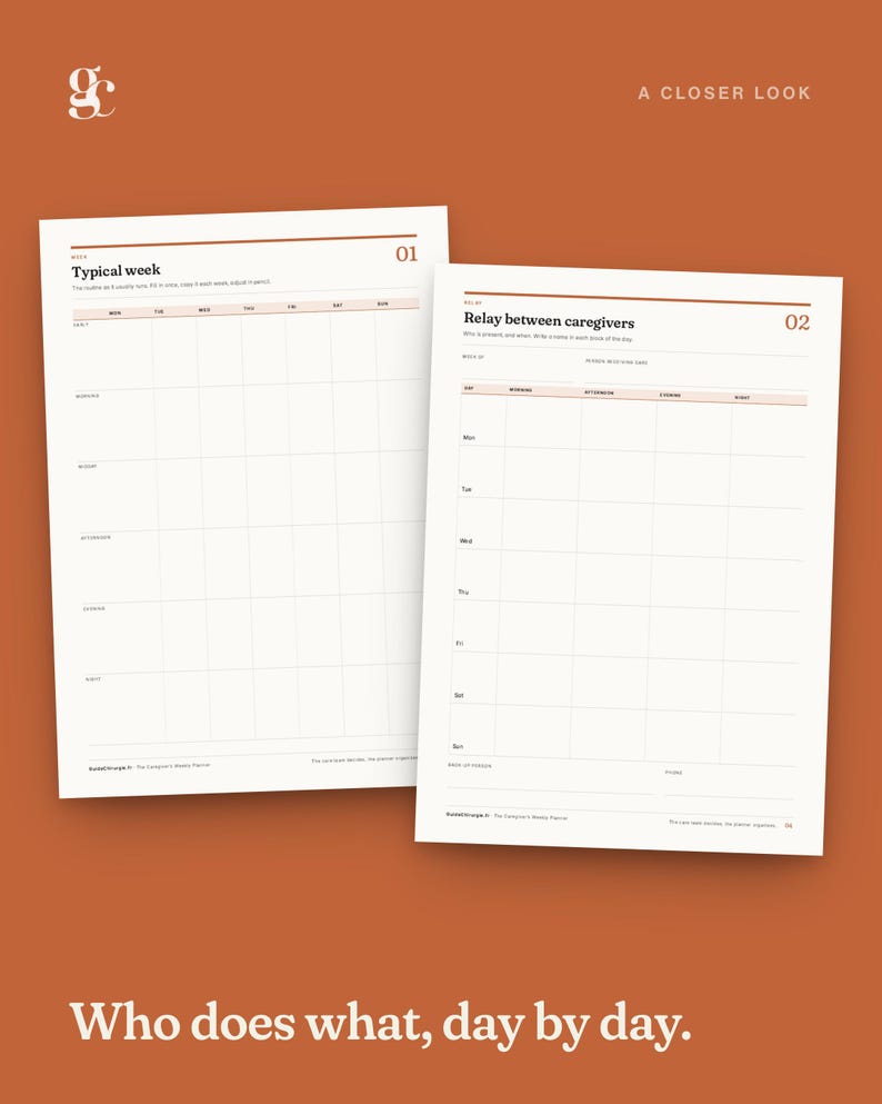 Puede incluir: Dos p&aacute;ginas de planificador de papel blanco con texto negro y dise&ntilde;os de cuadr&iacute;cula. La p&aacute;gina izquierda se titula Typical week 01 y la derecha Relay between caregivers 02. Ambas p&aacute;ginas cuentan con columnas para d&iacute;as y horarios.