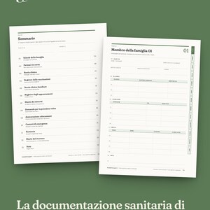 K&ouml;nnte beinhalten: Zwei wei&szlig;e Seiten eines medizinischen Organisationshefts mit schwarzem Text auf Italienisch. Die linke Seite zeigt ein Inhaltsverzeichnis mit dem Titel Sommario, w&auml;hrend die rechte Seite ein Formular mit dem Titel Membro della famiglia 01 darstellt.