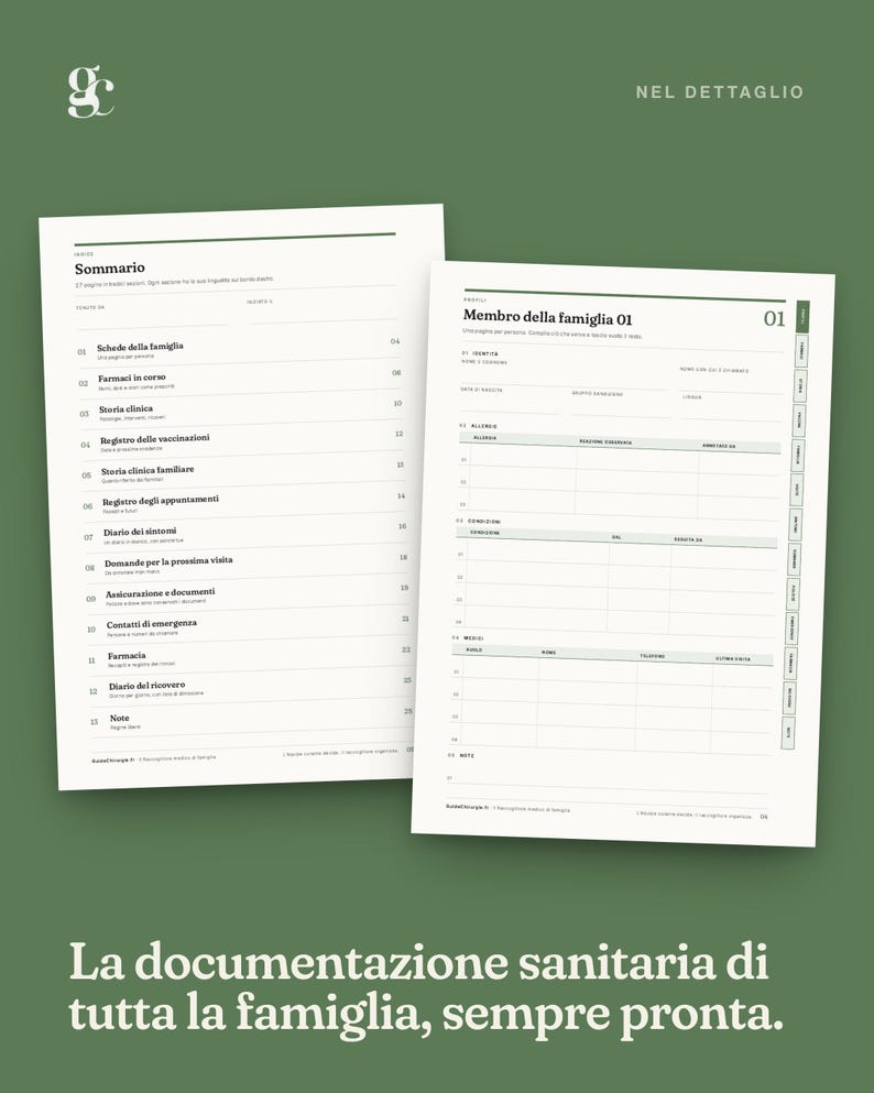 K&ouml;nnte beinhalten: Zwei wei&szlig;e Seiten eines medizinischen Organisationshefts mit schwarzem Text auf Italienisch. Die linke Seite zeigt ein Inhaltsverzeichnis mit dem Titel Sommario, w&auml;hrend die rechte Seite ein Formular mit dem Titel Membro della famiglia 01 darstellt.