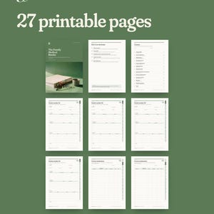May include: A set of 27 printable pages for a family medical binder, featuring a cover page, instructions, contents, and various medical tracking forms. The text includes 'The Family Medical Binder', 'What's Inside', and 'Personal organizer. Not medical advice.'