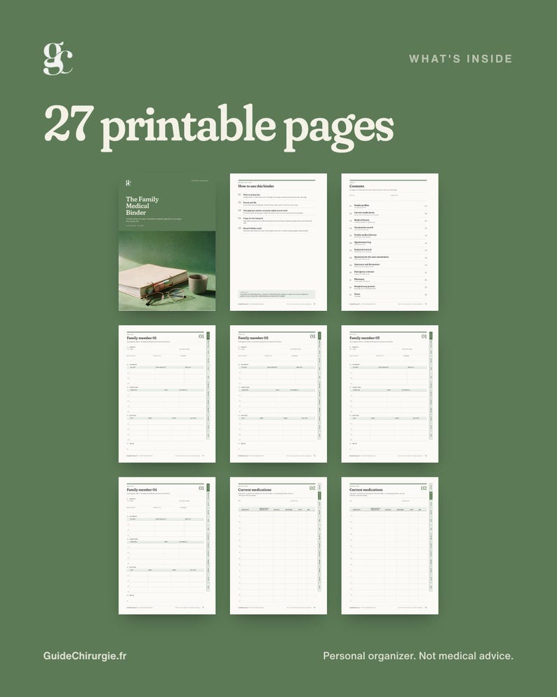 May include: A set of 27 printable pages for a family medical binder, featuring a cover page, instructions, contents, and various medical tracking forms. The text includes 'The Family Medical Binder', 'What's Inside', and 'Personal organizer. Not medical advice.'