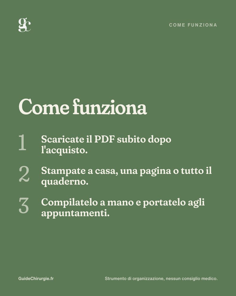 May include: A sage green informational graphic with white text titled Come funziona. It lists three steps: 1. Scaricate il PDF subito dopo l'acquisto. 2. Stampate a casa, una pagina o tutto il quaderno. 3. Compilatelo a mano e portatelo agli appuntamenti.