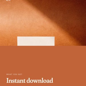 May include: A digital graphic with a brown background featuring a white logo in the top left corner. The text reads: WHAT YOU GET, Instant download, PDF A4 + US Letter, 4 printable pages, and No physical item shipped.