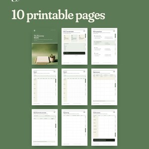 May include: A set of 10 printable pages for The Recovery Binder, featuring a green and white color scheme. The pages include sections for weekly planning, appointments, expense logs, and useful contacts, with text labels like What's Inside and GuideChirurgie.fr.