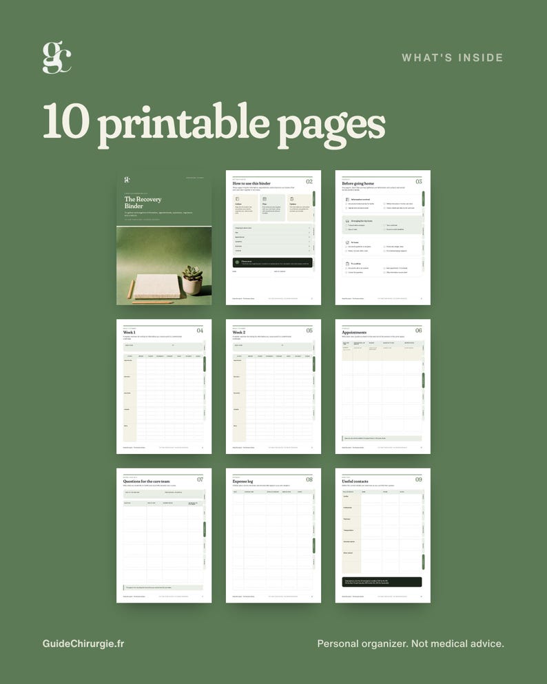 May include: A set of 10 printable pages for The Recovery Binder, featuring a green and white color scheme. The pages include sections for weekly planning, appointments, expense logs, and useful contacts, with text labels like What's Inside and GuideChirurgie.fr.