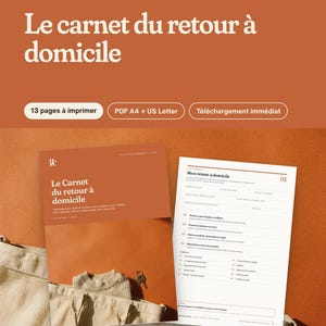 Op de afbeelding: Een digitale planner getiteld Le carnet du retour &agrave; domicile, met 13 printbare pagina's in A4- en US Letter-formaten. Het document bevat een voorpagina met een terracotta achtergrond en een witte binnenpagina met formulieren.