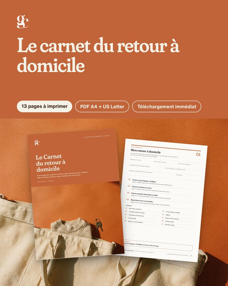 Op de afbeelding: Een digitale planner getiteld Le carnet du retour &agrave; domicile, met 13 printbare pagina's in A4- en US Letter-formaten. Het document bevat een voorpagina met een terracotta achtergrond en een witte binnenpagina met formulieren.