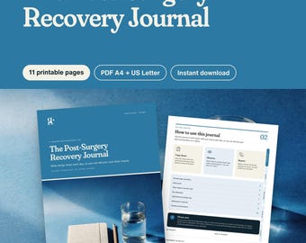 Può includere: Un diario digitale stampabile per il recupero post-operatorio di 11 pagine in formato A4 e US Letter. La copertina mostra il titolo e un taccuino con una matita e un bicchiere d'acqua. Una pagina interna mostra le istruzioni per l'uso.