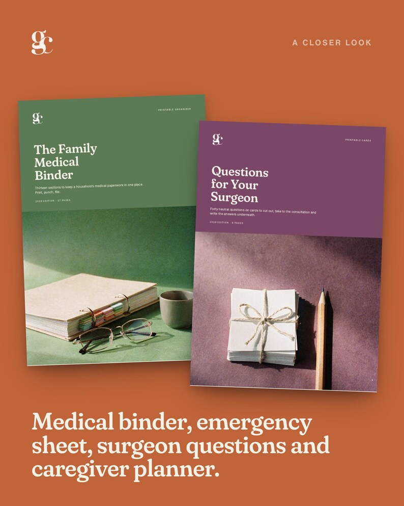 May include: Two digital document covers on an orange background. The green cover is titled The Family Medical Binder. The purple cover is titled Questions for Your Surgeon and features a stack of tied white cards and a wooden pencil next to it.