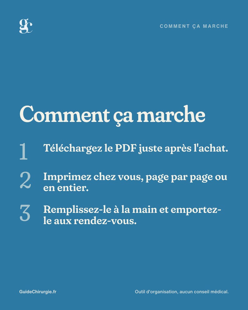 May include: A blue informational graphic with white text titled Comment &ccedil;a marche. It lists three steps: 1. T&eacute;l&eacute;chargez le PDF juste apr&egrave;s l'achat. 2. Imprimez chez vous, page par page ou en entier. 3. Remplissez-le &agrave; la main et emportez-le aux rendez-vous.