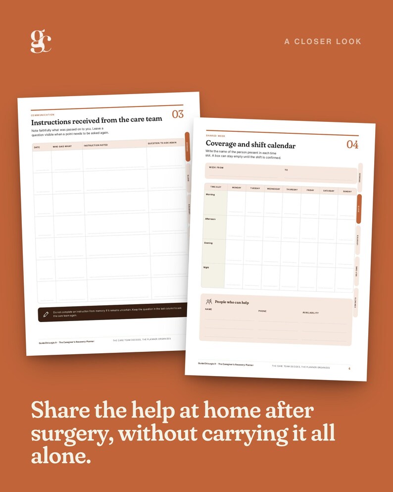 May include: Two white planner pages with orange accents. The left page is titled Instructions received from the care team 03. The right page is titled Coverage and shift calendar 04. Both pages feature tables for tracking caregiving tasks.