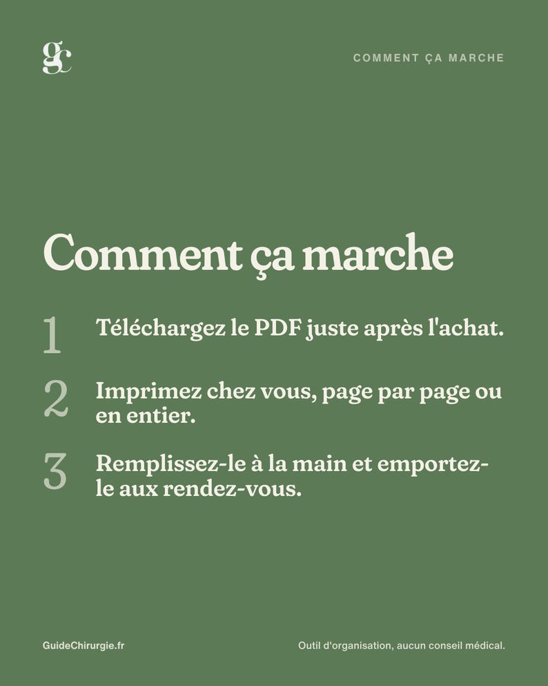 Puede incluir: Un gr&aacute;fico informativo verde con texto blanco titulado Comment &ccedil;a marche. Enumera tres pasos: 1. Descargue el PDF despu&eacute;s de la compra. 2. Imprima en casa, p&aacute;gina por p&aacute;gina o completo. 3. Rell&eacute;nelo a mano y ll&eacute;velo a las citas m&eacute;dicas.