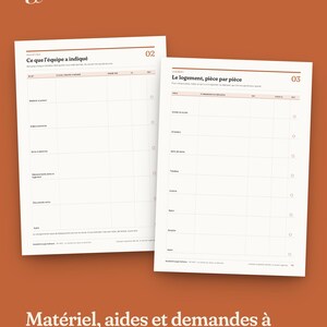 Op de afbeelding: Twee witte vellen papier met zwarte rastertabellen en Franstalige tekst. Het linkerblad is getiteld Ce que l'&eacute;quipe a indiqu&eacute; 02 en het rechterblad Le logement, pi&egrave;ce par pi&egrave;ce 03. Beide vellen bevatten kolommen voor het bijhouden van taken.