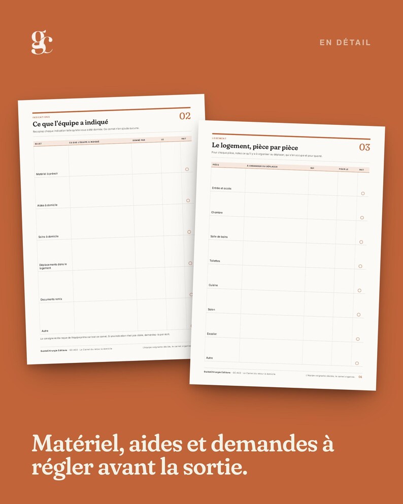 Op de afbeelding: Twee witte vellen papier met zwarte rastertabellen en Franstalige tekst. Het linkerblad is getiteld Ce que l'&eacute;quipe a indiqu&eacute; 02 en het rechterblad Le logement, pi&egrave;ce par pi&egrave;ce 03. Beide vellen bevatten kolommen voor het bijhouden van taken.
