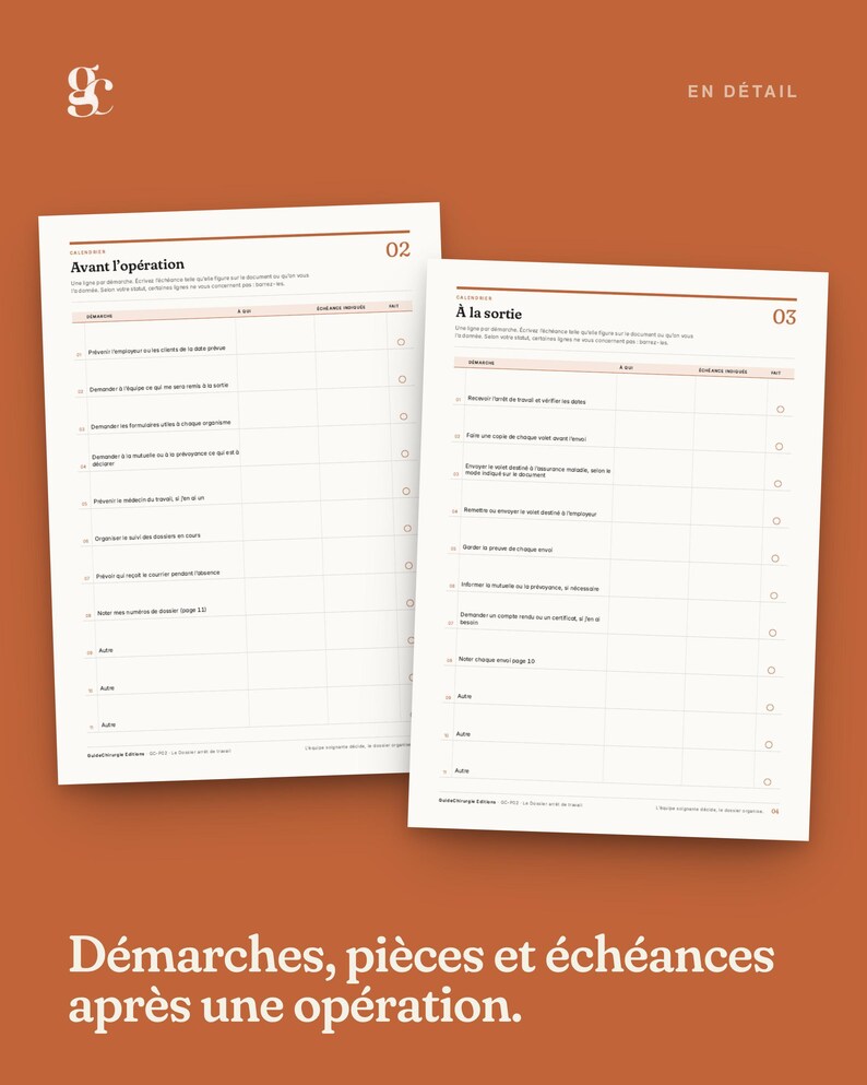 Pu&ograve; includere: Due liste di controllo in carta bianca con testo nero e linee a griglia. La pagina sinistra &egrave; intitolata Avant l'op&eacute;ration 02 e quella destra &Agrave; la sortie 03. Entrambe le pagine presentano righe per le attivit&agrave;, colonne per date e caselle di spunta.