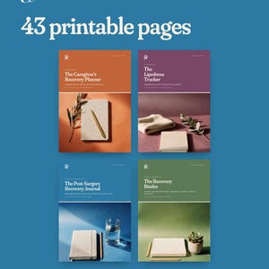 May include: A digital collection of 43 printable pages featuring four recovery planners and journals titled The Caregiver's Recovery Planner, The Lipedema Tracker, The Post-Surgery Recovery Journal, and The Recovery Binder, displayed on a blue background.