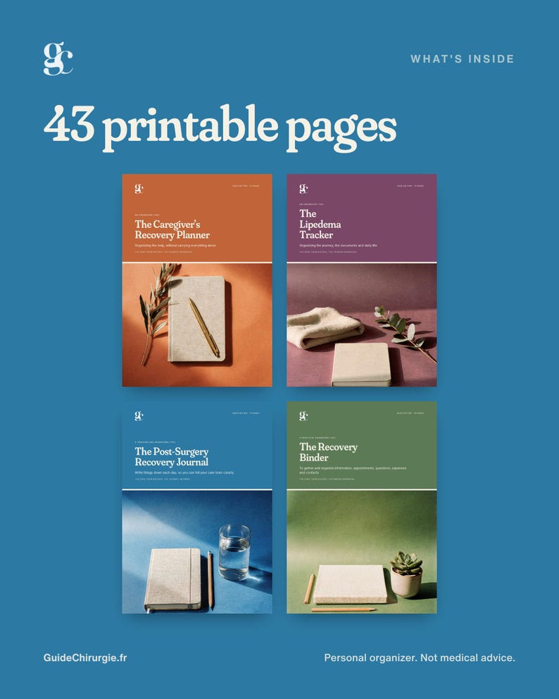 May include: A digital collection of 43 printable pages featuring four recovery planners and journals titled The Caregiver's Recovery Planner, The Lipedema Tracker, The Post-Surgery Recovery Journal, and The Recovery Binder, displayed on a blue background.