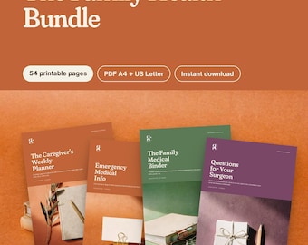 May include: A digital printable set titled The Family Health Bundle, featuring 54 pages in A4 and US Letter sizes. The collection includes four document covers: The Caregiver's Weekly Planner, Emergency Medical Info, The Family Medical Binder, and Questions for Your Surgeon, displayed in orange, green, and purple tones.