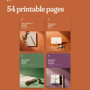 May include: A digital product display featuring 54 printable pages with four distinct document covers titled The Caregiver's Weekly Planner, Emergency Medical Info, The Family Medical Binder, and Questions for Your Surgeon, set against a burnt orange background.