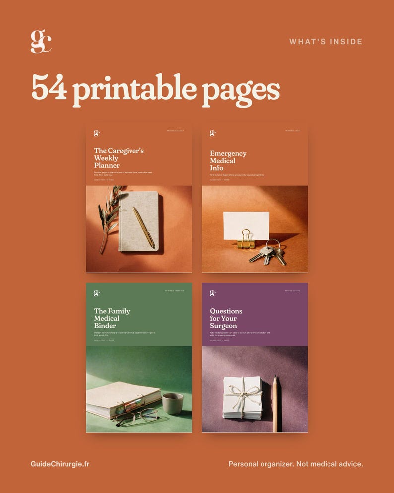 May include: A digital product display featuring 54 printable pages with four distinct document covers titled The Caregiver's Weekly Planner, Emergency Medical Info, The Family Medical Binder, and Questions for Your Surgeon, set against a burnt orange background.