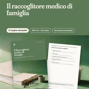 K&ouml;nnte beinhalten: Eine digitale medizinische Ordner-Vorlage mit 27 druckbaren Seiten in A4 und US Letter Formaten. Das Cover zeigt den Text "Il raccoglitore medico di famiglia" in Wei&szlig; auf gr&uuml;nem Hintergrund, mit einer Innenseite, die Anweisungen enth&auml;lt.
